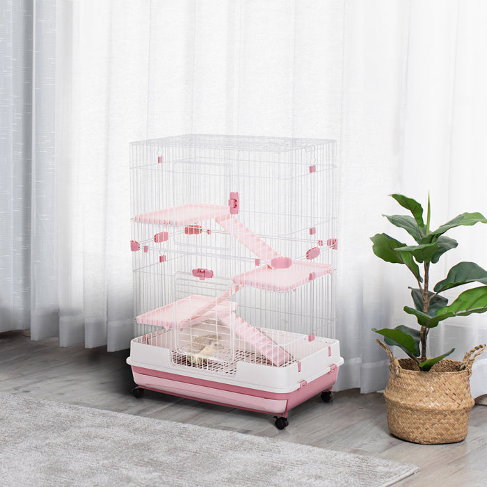 Pawhut 43 \"h Cage Pour Petits Animaux, Cage A Lapin A 4 Niveaux Avec Support Roulant, Cage Pour Chinchilla Avec Portes, Plateau Coulissant, Rose