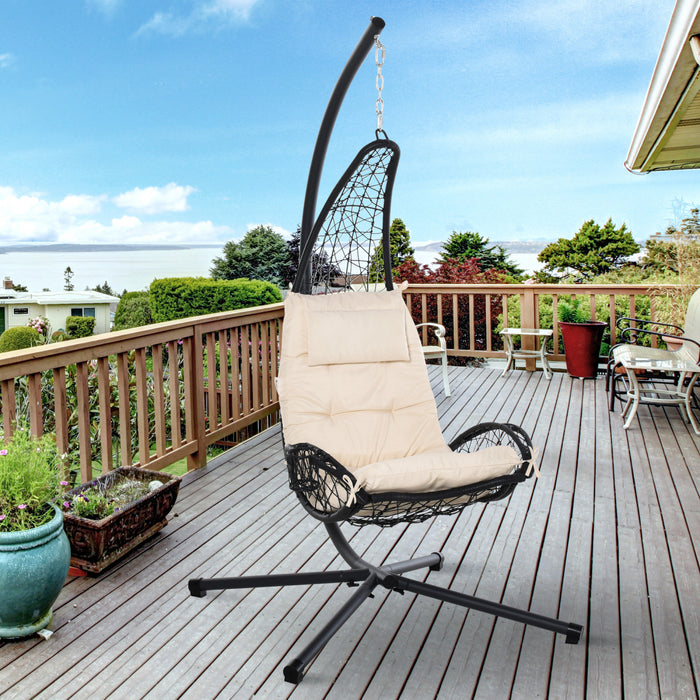 Fauteuil suspendu en osier d'exterieur pour terrasse avec support, balancelle-hamac avec coussin et oreiller