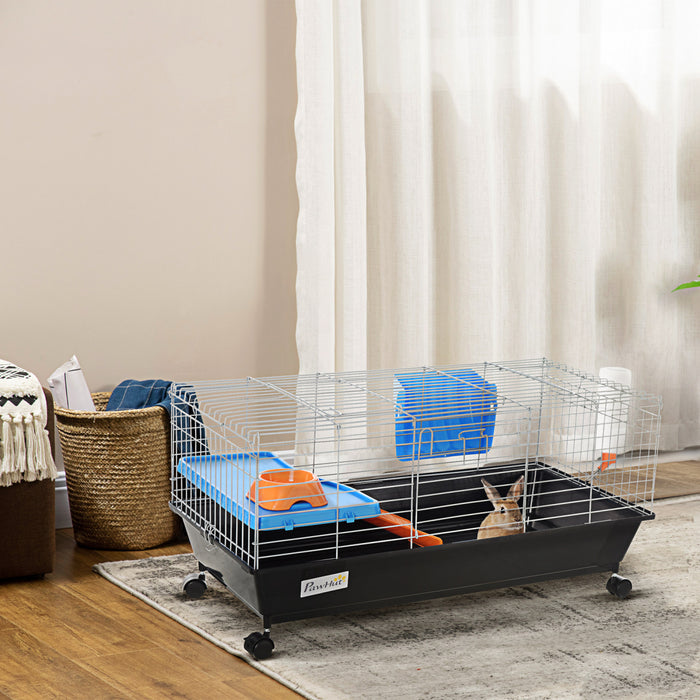 Pawhut Cage Pour Petits Animaux De 88,9 Cm De Long, Cage A Lapin Roulant, Cage Pour Cochon D'inde Avec Plat De Nourriture, Bouteille D'eau, Mangeoire A Foin, Rampe Pour Furet Chinchilla, Noir