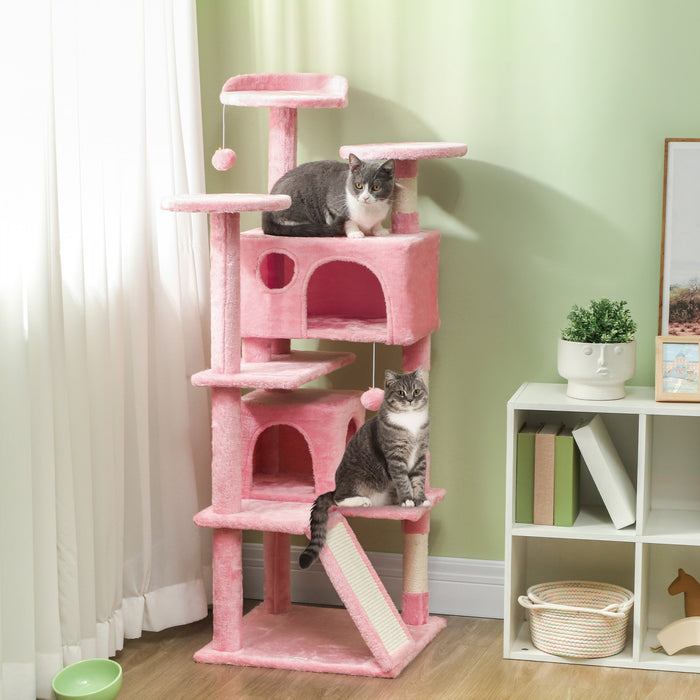 Pawhut Arbre A Chat De 54\" Tour A Chat Pour Chats D'interieur Avec Griffoirs, Condos Pour Chats, Lit, Plates-formes, Rampe, Balle Jouet, Centre D'activites Pour Chat, Rose