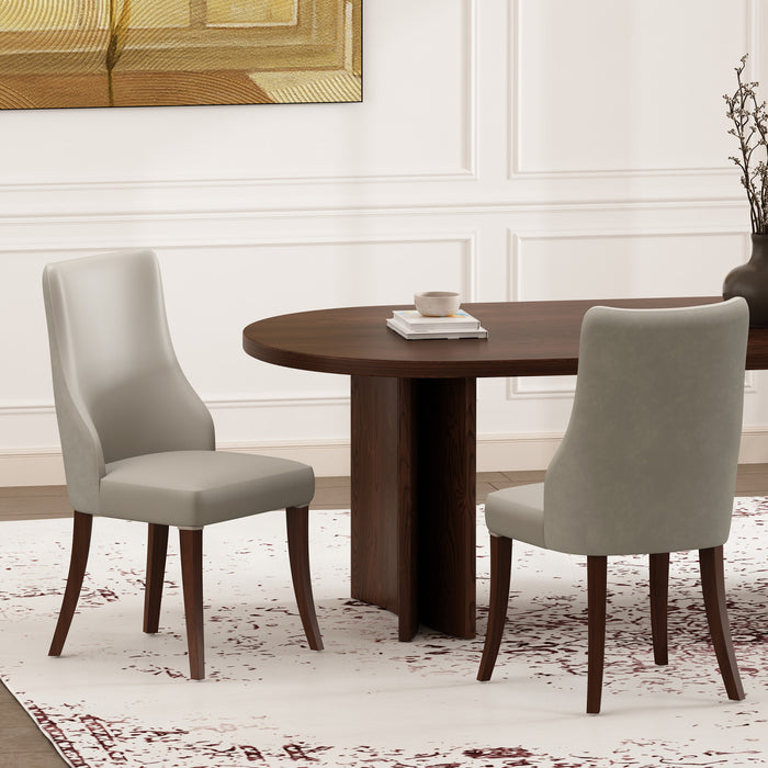 Chaise de salle a manger moderne Connie en bois, cuir vegetalien et velours, gris clair - Lot de 2