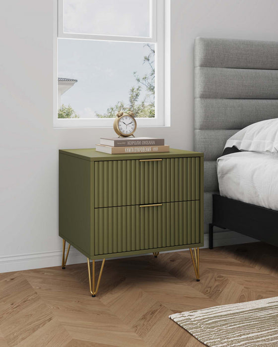 Table de nuit moderne Dumbo 20\" a cannelures en vert olive (2 tiroirs)