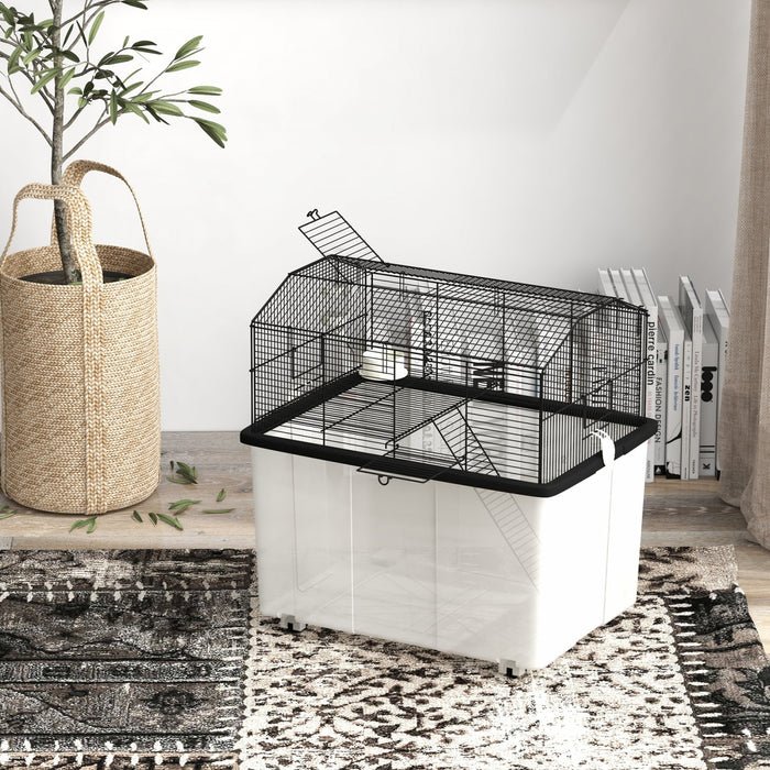 Pawhut Cage Pour Hamster Avec Accessoires, Cage A Rat, Gerbille, Habitat Pour Hamster Nain Avec Fond Amovible, Rampe, Plateforme, Bol A Nourriture, Bouteille D'eau, 22\" X 17\" X 22\", Noir
