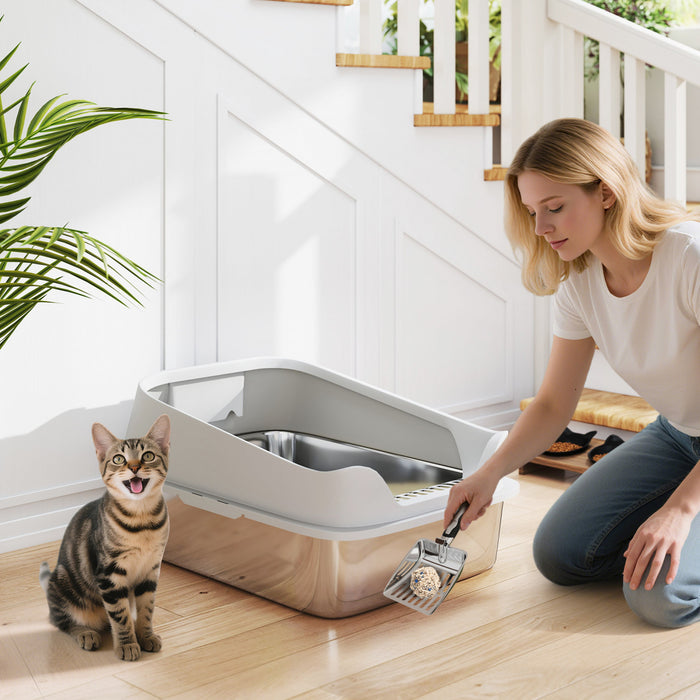 Bac a Litiere XL pour Chat en Acier Inoxydable avec Pelle, Gris
