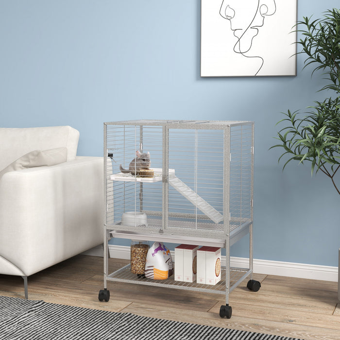 Pawhut Cage Pour Petits Animaux Avec Roulettes, Parc Pour Rats, Furets, Chinchillas Avec Etagere De Rangement Inferieure, Plateau Amovible, Rampe, 24,2\" X 17,9\" X 33,9\", Gris Clair