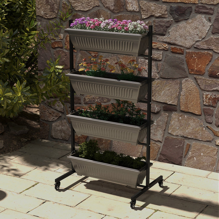 Outsunny Lit De Jardin Sureleve Vertical De 4 Niveaux Avec 4 Boites De Jardiniere, Roues, Support De Plante Exterieur Cultivent Le Conteneur Avec Des Trous De Fuite Pour Patio De Balcon, Brun
