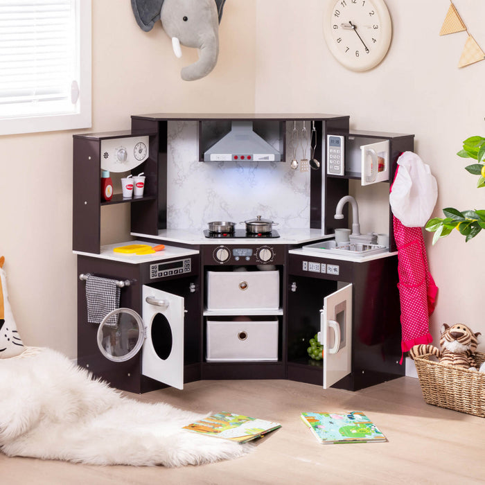 Costway Bois Enfants Jouer Coin Cuisine Avec Des Lumieres Realistes Et Des Sons Eclaires Gamme Capuchon Marron