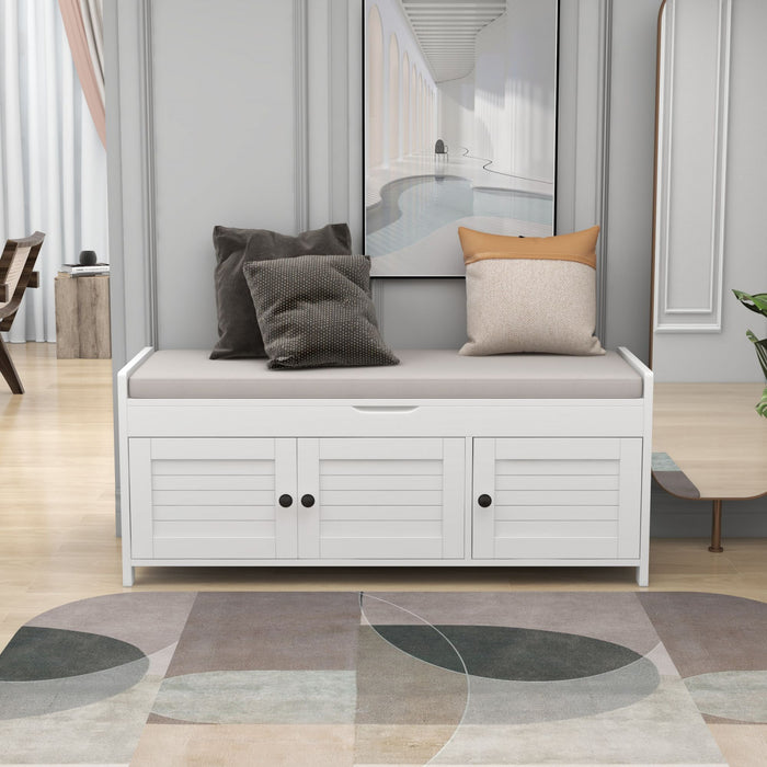 Banc De Rangement Olivia En Pin Avec Meuble A Chaussures 3 Portes Et Compartiment Cache, Blanc