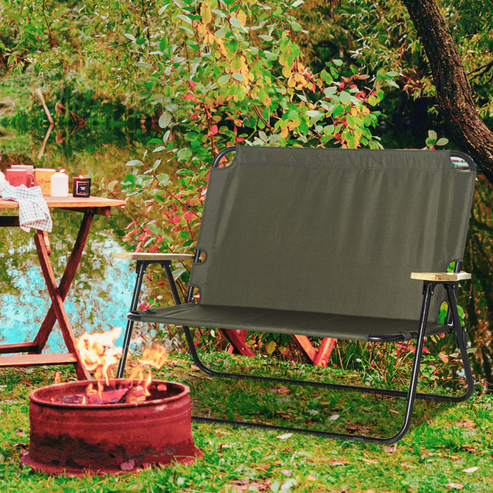 Outsunny Chaise pliante double chaise de camping pour 2 personnes chaise d'exterieur portable avec accoudoir en bois pour la peche et les voyages verte