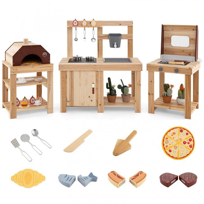 Costway 3 Pieces En Plein Air En Bois Cuisine Jeu Enfants Boue Cuisine Barbecue Grill & Four A Pizza