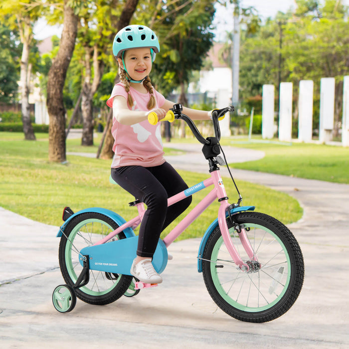 Costway 16\" Velo Pour Enfants Avec Guidon Reglable De Selle Roues D'entrainement Amovibles Frein A Main Rose
