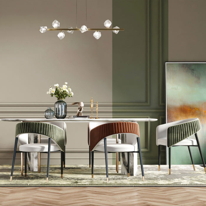 Luminaire suspendu horizontal Pearlene de Dainolite en verre transparent, avec fini laiton vieilli et 8 ampoules