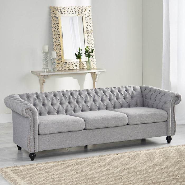 Sofa 3 Places Colin En Tissu Avec Dossier Capitonné Et Garniture De Clous - Gris