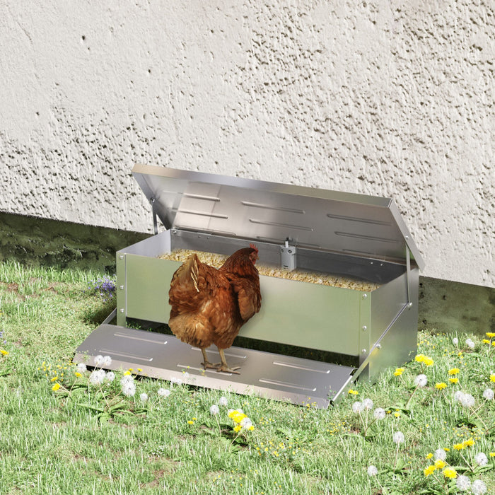 Pawhut Mangeoire Automatique Pour Poulets, Capacite De 22,5 Livres Mangeoire Pour Volailles Avec Pedale A Ouverture Automatique, Couvercle, Argente