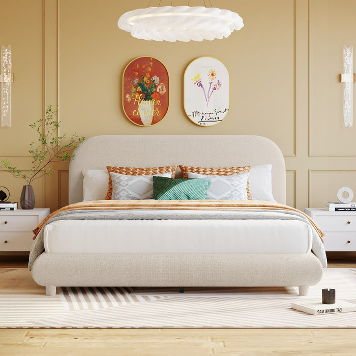 Lit plateforme Sophie rembourre en polaire Teddy avec tissu doux et cadre robuste, taille Queen, beige