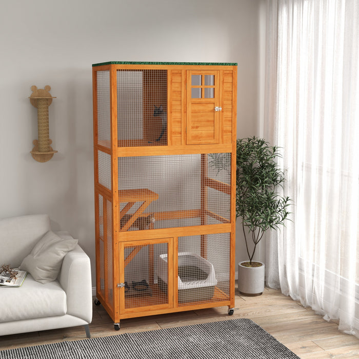 Pawhut Cage A Chat, Grand Catio, Enclos D'exterieur En Bois Pour Chat Avec Roulettes, Toit Resistant Aux Intemperies, Plates-formes, Cage Pour 1 A 3 Chatons, Orange