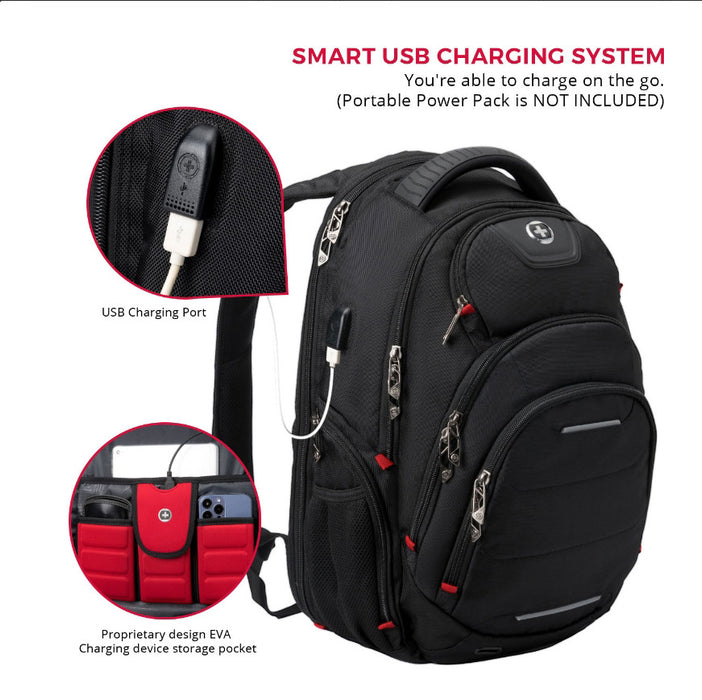 Sac a dos Swissdigital Neptune – Sac pour ordinateur portable de 16\", chargement USB, detecteur SDD, protection RFID, compatible TSA, systeme Add-A-Bag