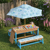 Qaba Kids Picnic Table with Umbrella, Toddler Sand and Water Table Outdoor, with Cushions & 2 x Boxes, Wooden Outdoor Activity Table and Bench Set for Backyard Garden Patio, Blue
