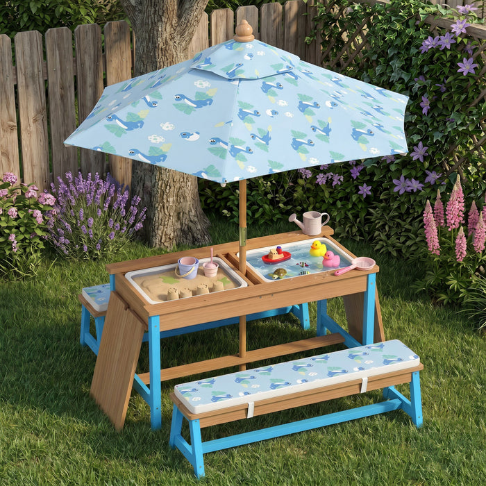 Qaba Table de pique-nique pour enfants, table et banc avec parasol, bleu