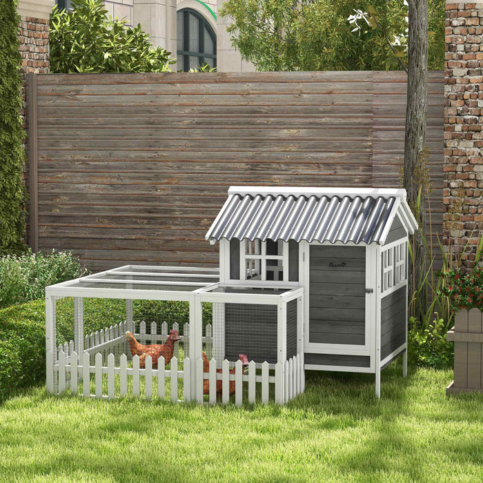 Pawhut Poulailler En Bois Avec Enclos Pour 3 A 4 Poules, Poulailler Avec Nichoir, Plateau Amovible, Cloture, Cage A Volaille Exterieure, Gris Fonce