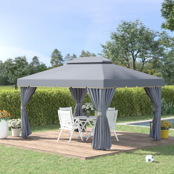 Outsunny 13' X 10' Tonnelle De Terrasse Exterieure Avec Double Toit En Polyester, Parois Laterales En Maille Ventilee Et Cadre En Aluminium Solide, Gris