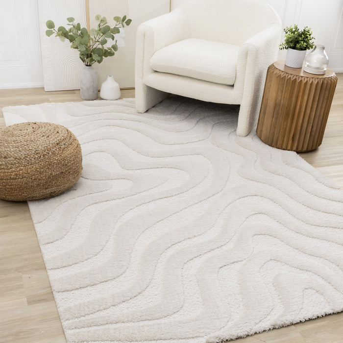 Carpette moderne, luxueuse et moelleuse Lincoln blanche à motif de courbes - 5 pi 3 po x 7 pi 7 po