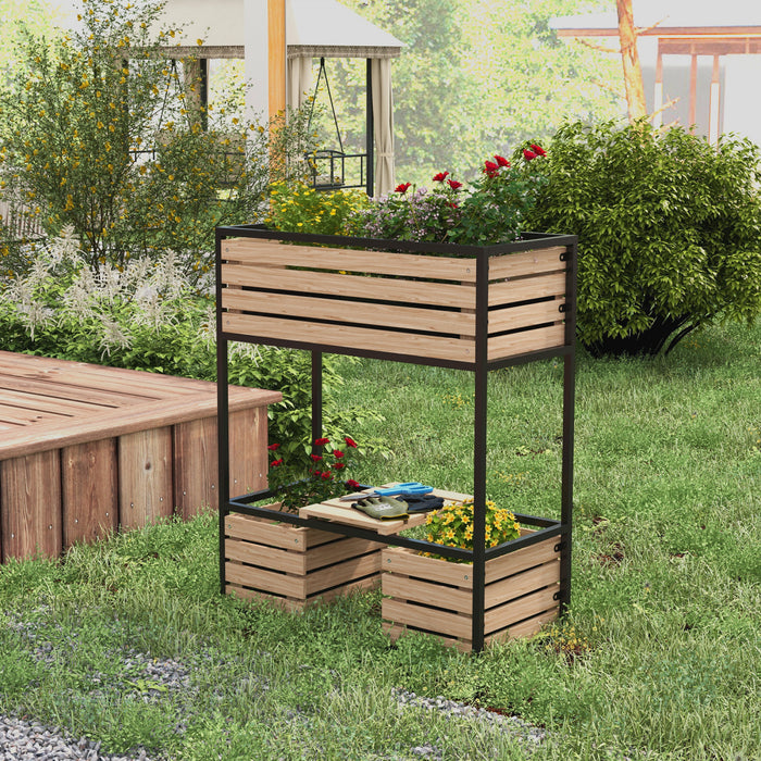Outsunny Lit De Jardin Sureleve A 2 Niveaux, Jardiniere Surelevee Avec Etagere De Rangement, Support Pour Plantes En Bois Pour Fleurs, Legumes, Herbes, Marron Clair