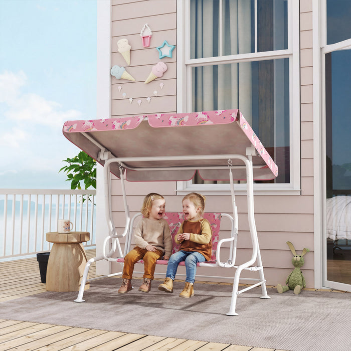 Qaba Balancoire pour Enfants a 2 Places avec Ceintures de Securite et Toit Reglable, Rose
