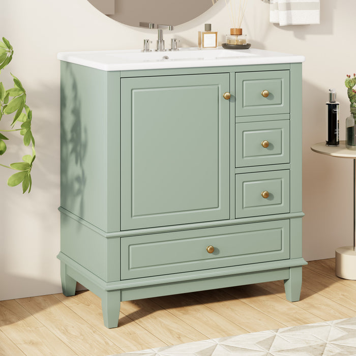 Emma Meuble-lavabo en bois massif de 30\" avec vasque en ceramique et porte a fermeture douce, Vert