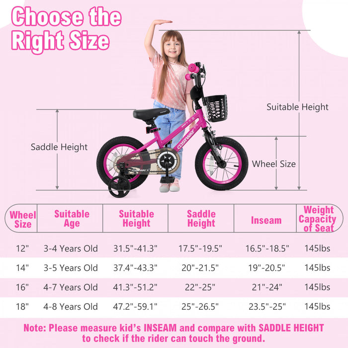 Costway 14\" Velo Pour Enfants Avec Roues D'entrainement Guidon Reglable Et Frein A Main De Siege Rose