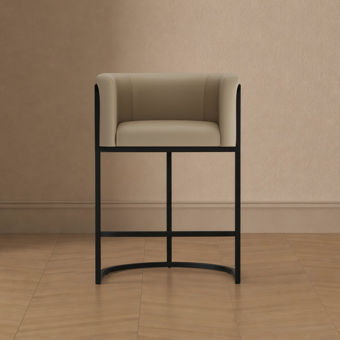 Tabouret de comptoir cosmopolite mi-siecle moderne en metal et tissu, coloris grege