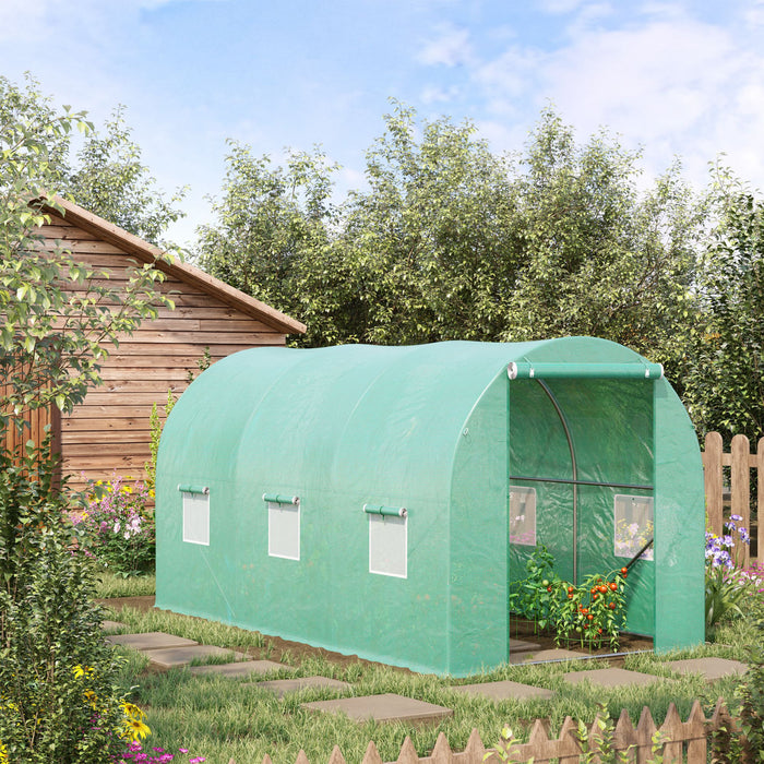 Outsunny 13' X 6' X 6' Serre De Jardin Tunnel Avec Porte Zippee + 6 Fenetres Enroulables Avec Moustiquaires Metal Galvanise Bache Pe Haute Densite Vert