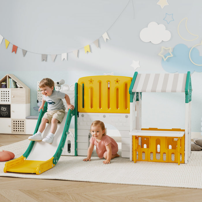 Qaba Toboggan 7 en 1 pour tout-petits avec maisonnette, toboggan d'escalade pour enfants avec panier de basket et tunnel pour jeux d'interieur de 1 a 4 ans, jaune