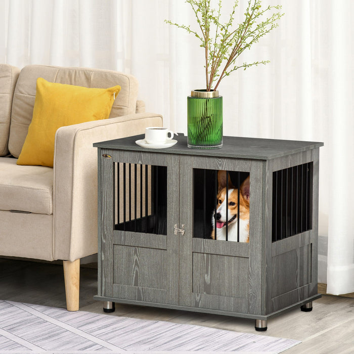 Pawhut Cage Pour Chien Avec Porte Magnetique Verrouillable, Pieds Reglables, Table D'appoint Pour Niche D'interieur Pour Chiens De Petite Et Moyenne Taille, Gris