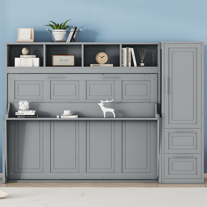 Lit Mural Escamotable Dennis En Bois Composite, Taille Double, Avec Etageres Et Tiroirs, Gris