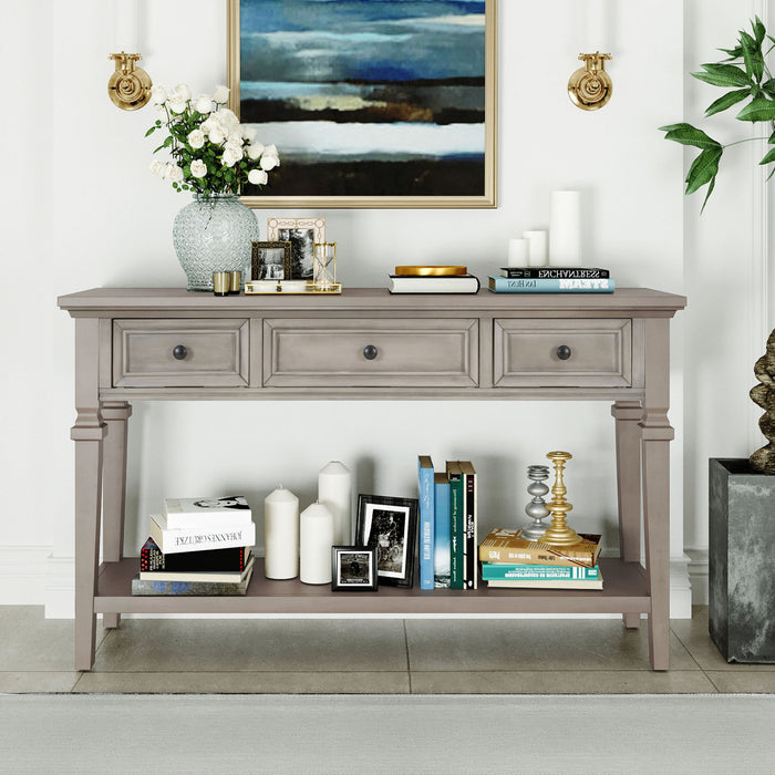 Table Console Sabina En Bois Massif Avec 3 Tiroirs Et Etagere - Gris Patine