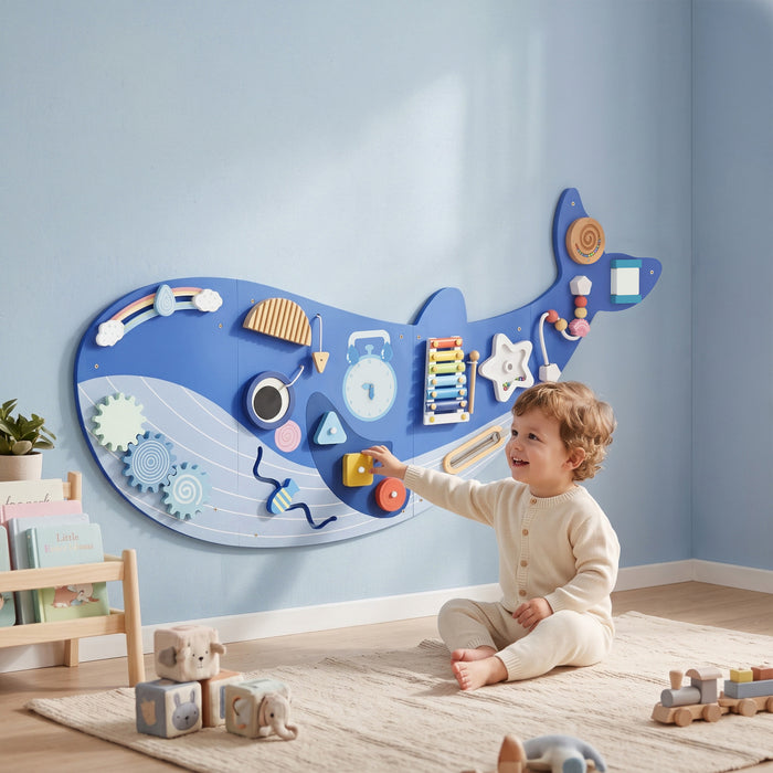 Qaba Planche Murale Baleine, 13-en-1 Jouet Montessori des 2 Ans, Bleu