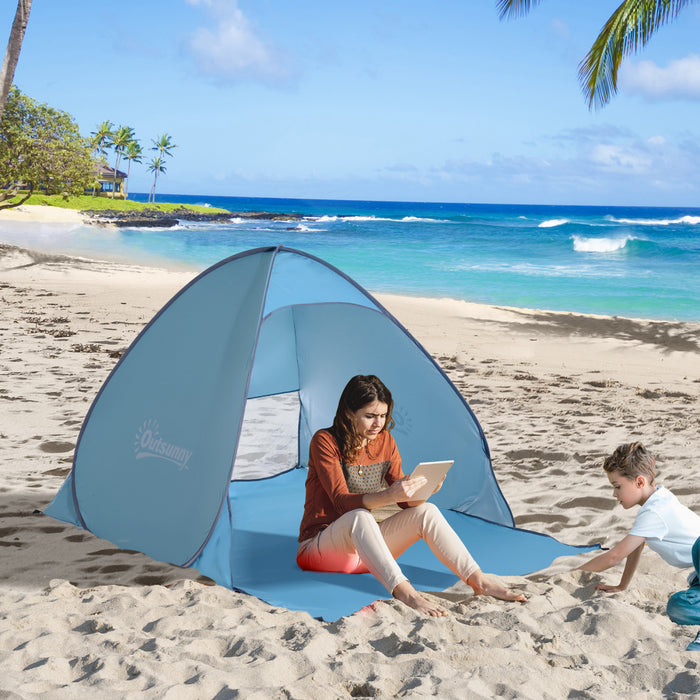 Abri De Plage Tente De Plage Pliable Pop-up Automatique Instantane Protection Uv Fenetre Arriere Grand Tapis De Sol Bleu Ciel