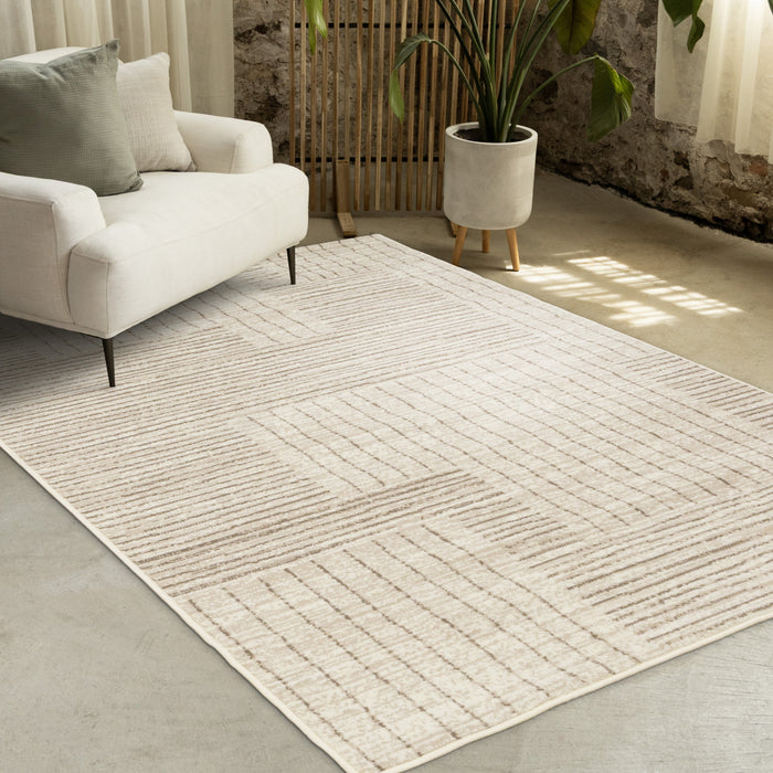 Tapis Florence Brown Cream a motif geometrique a lignes lineaires, 7'9\" x 10'6\"