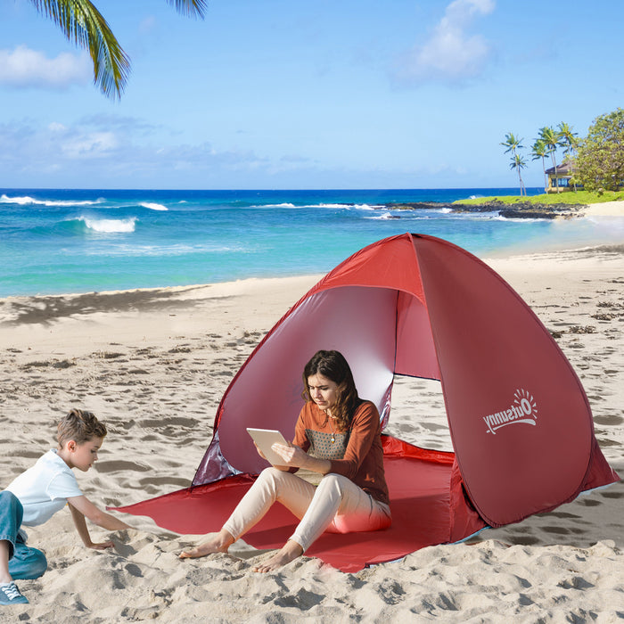 Outsunny Pop Up Tente De Plage Abri Soleil Portable Protection Uv Patio Exterieur Avec Etui De Transport Et Piquets, Rouge