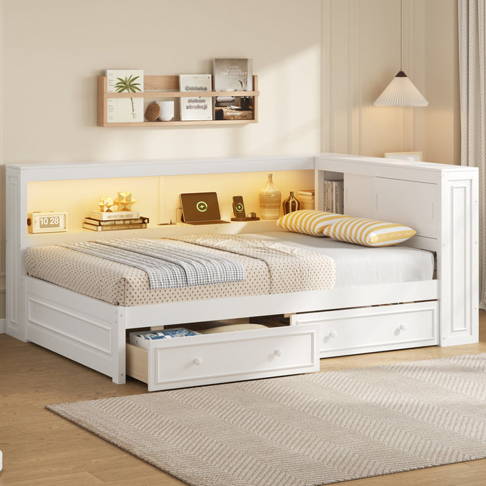Lit de jour Arthur en bois format Full avec LED, port USB et 2 tiroirs de rangement, blanc
