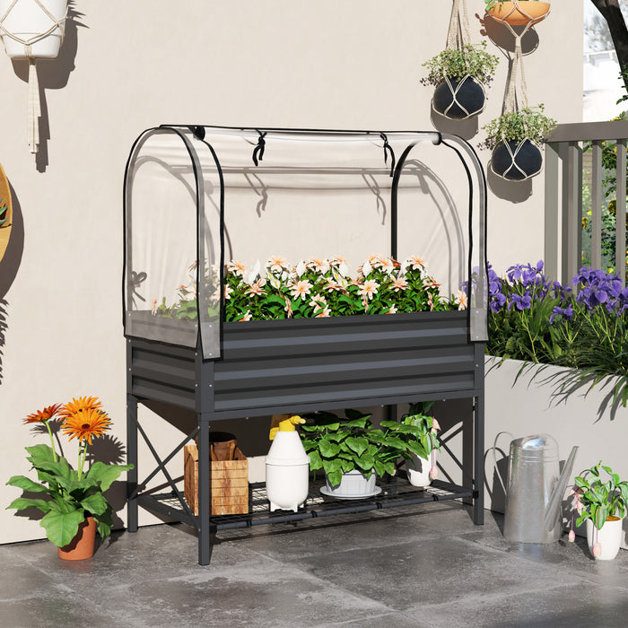 Outsunny Jardiniere surelevee metallique avec serre, gris fonce