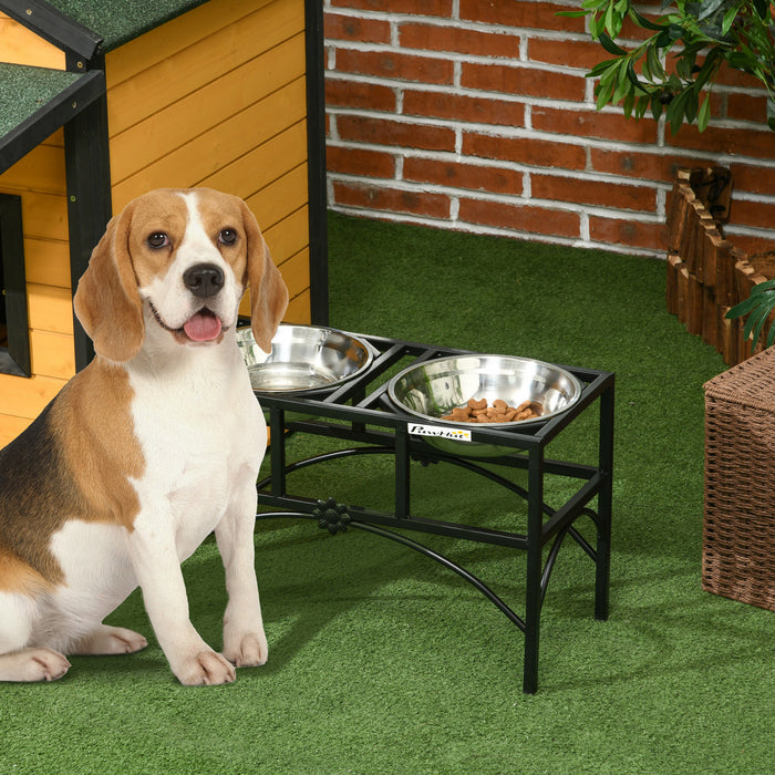 Pawhut Station D'alimentation Avec Materiaux Elegants Et Robustes, Support De Nourriture Pour Chiens De Taille Moyenne, Gamelles Surelevees En Acier Inoxydable, Noir Classique