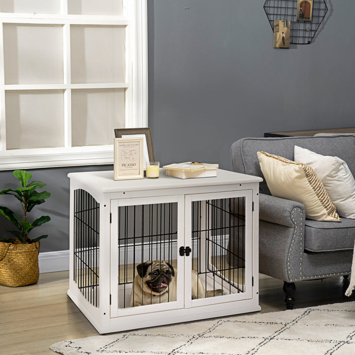 Pawhut 26'' Cage A Chien Decorative En Bois Avec Double Porte D'entree Et Un Design Simple Et Moderne, Blanc.