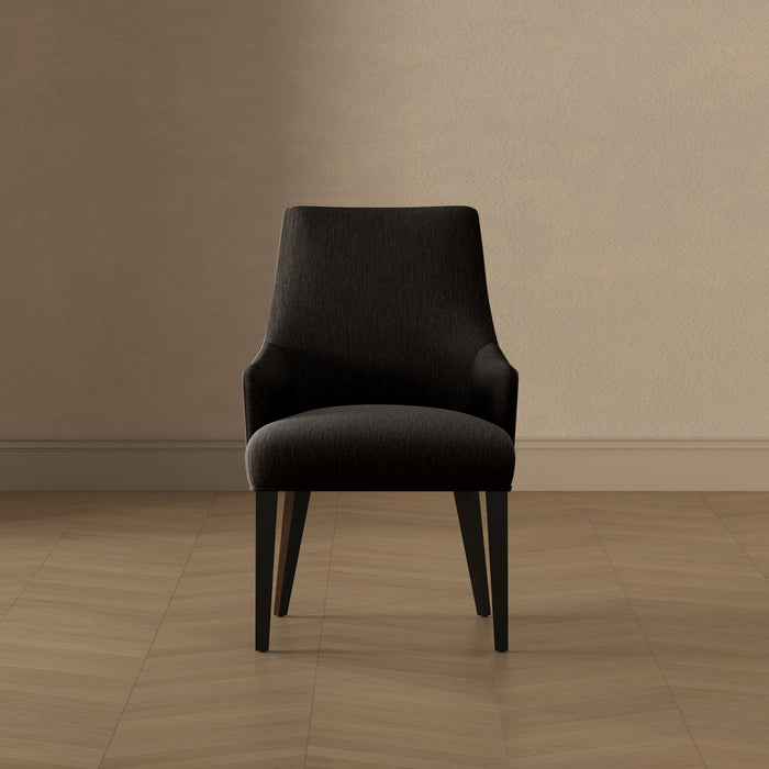 Fauteuil moderne Beever en chenille avec accoudoirs en bois, coloris noir