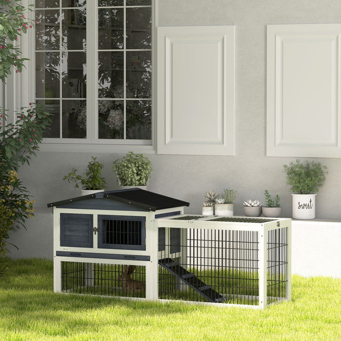 Pawhut Clapier D'exterieur A 2 Niveaux Avec Dessus Ouvrant, Grande Cage A Lapin En Bois De 59\" Avec Toit Resistant Aux Intemperies, Plateau Amovible, Rampe, Gris Fonce