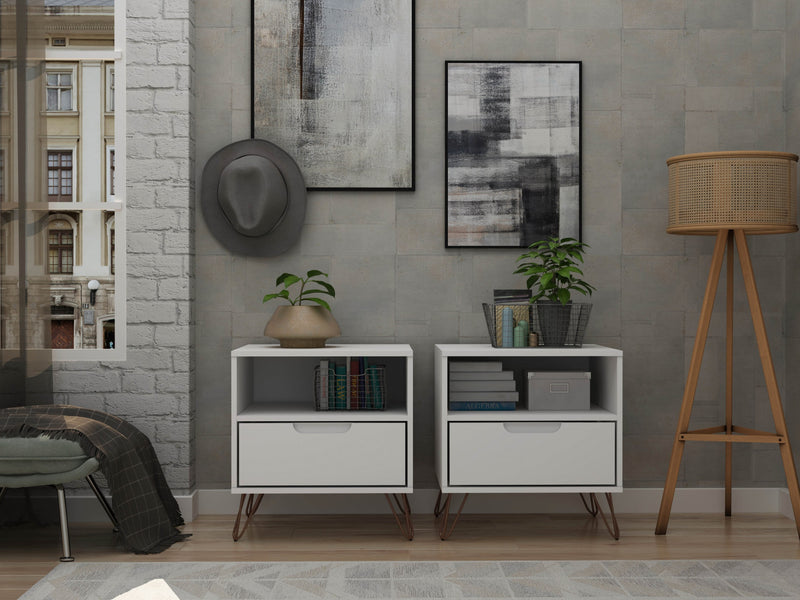 Table de nuit Rockefeller Mid-Century Modern 20\" en blanc (1 tiroir) - Lot de 2