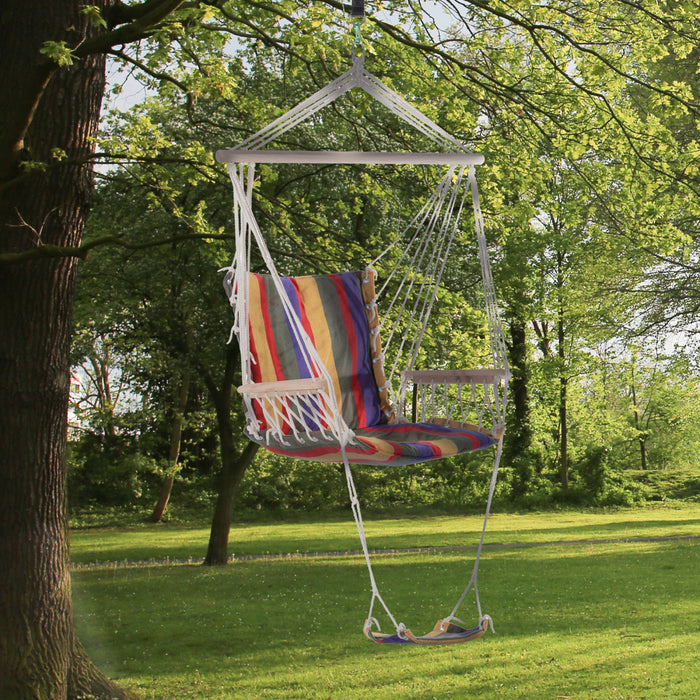 Outsunny Hamac Chaise Portable Suspendu Coton Corde Balancoire Chaise Couchage Lit Siege Avec Repose-pieds Pour Jardin Exterieur Cour Camping Rouge