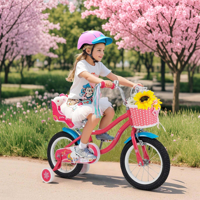 Costway 14 Pouces Enfants Velo Avec Panier Poupee Siege & Streamers Colores 2 Roues D'entrainement Rose