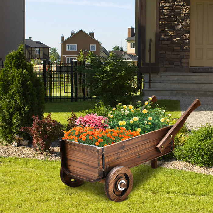 Jardiniere En Bois En Forme De Brouette, Chariot Decoratif Avec Roues, Poignees, Trou De Drainage, Support De Pot De Fleurs, Pot De Fleurs Rustique, Interieur Et Exterieur, Jardin, Terrasse, Balcon, Style Brouette